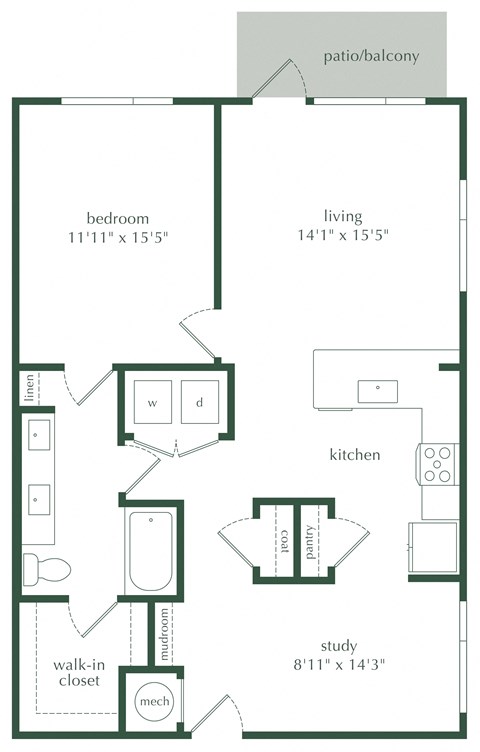 Floor plan for 1 bed, 1 bath, 962 sqft
